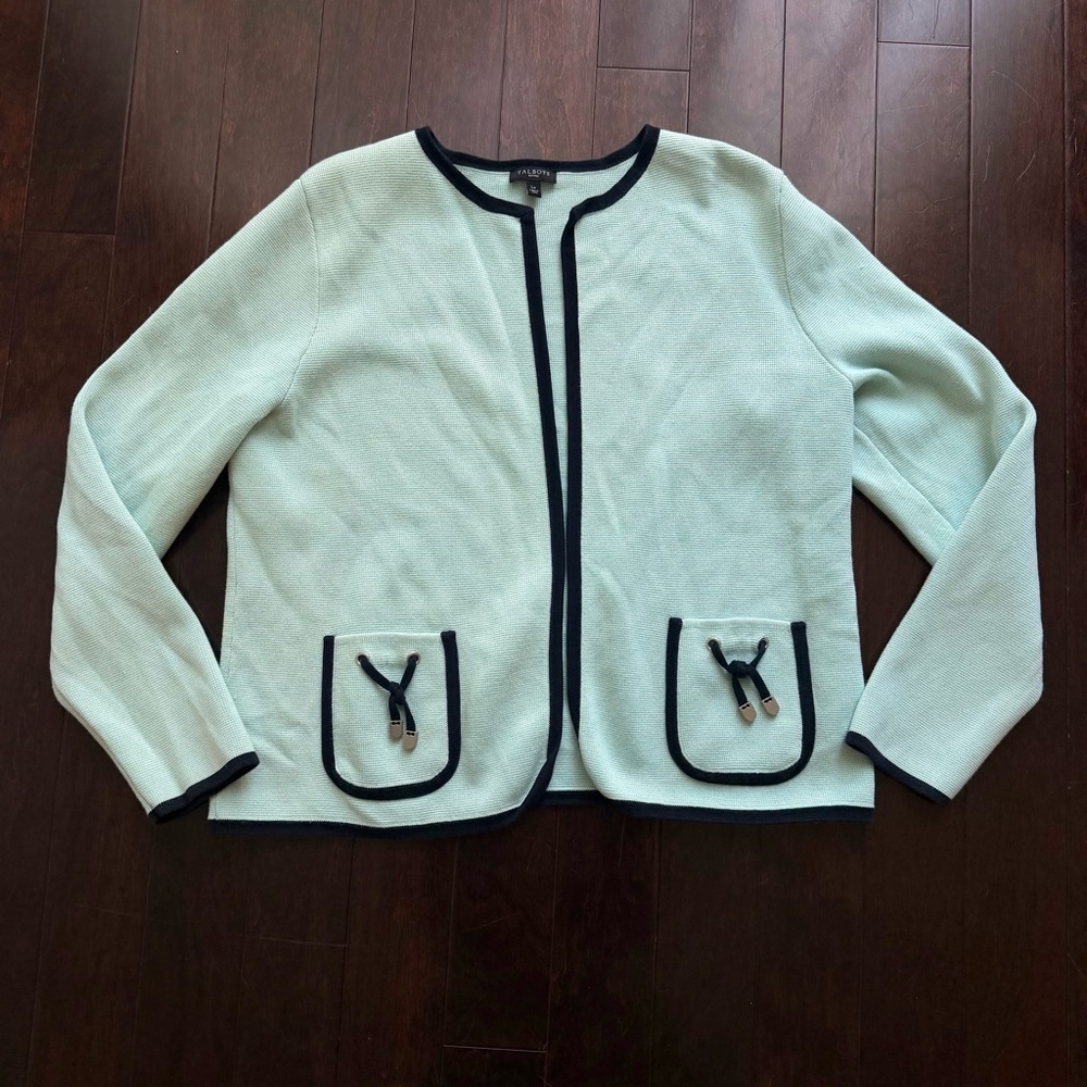 Talbots Petite Light Blue Navy Trim Knit Sweater Open Front Cardigan Size Lp